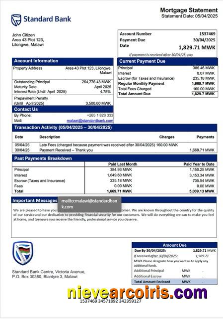 Malawi Standard Bank Malawi mortgage statement Word and PDF template